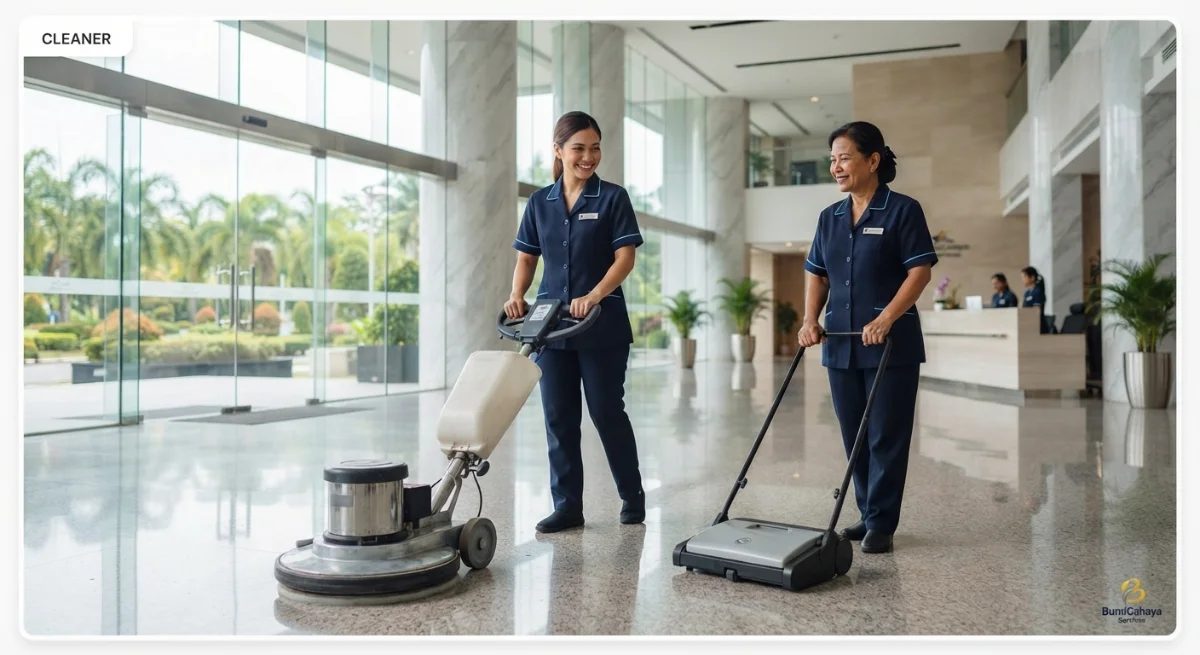 Two uniformed cleaners in a bright office lobby