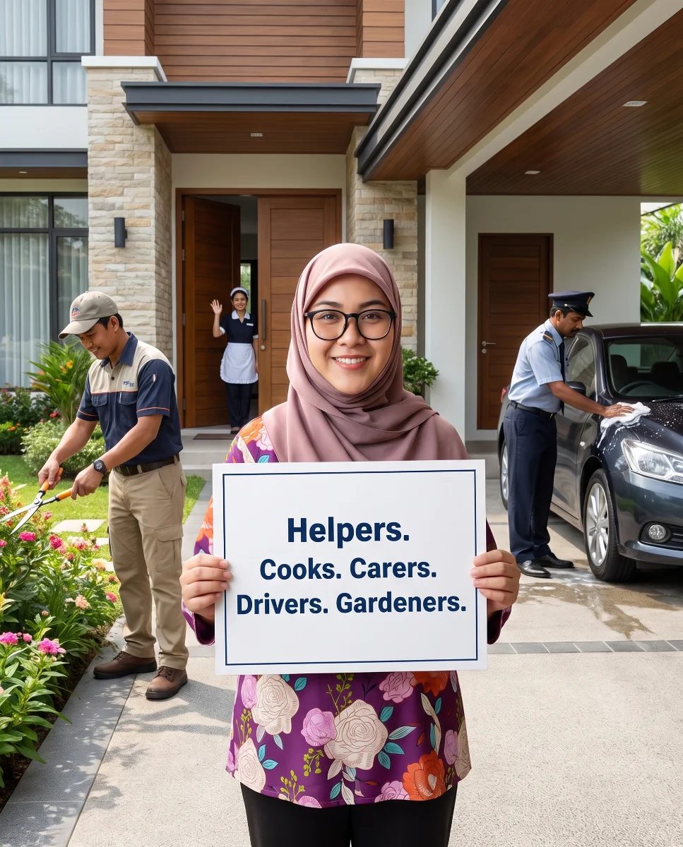 An RREA consultant holding a sign for helpers, cooks, carers, drivers and gardeners outside a family home