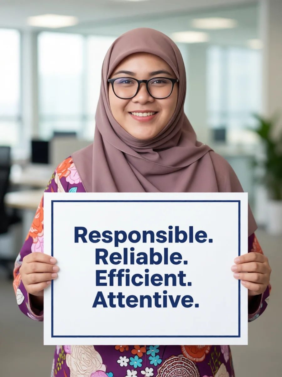 An RREA consultant holding a sign: Responsible, Reliable, Efficient, Attentive
