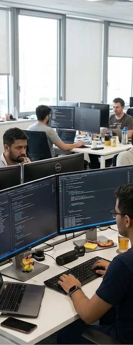 Engineers working at multiple monitors in an office