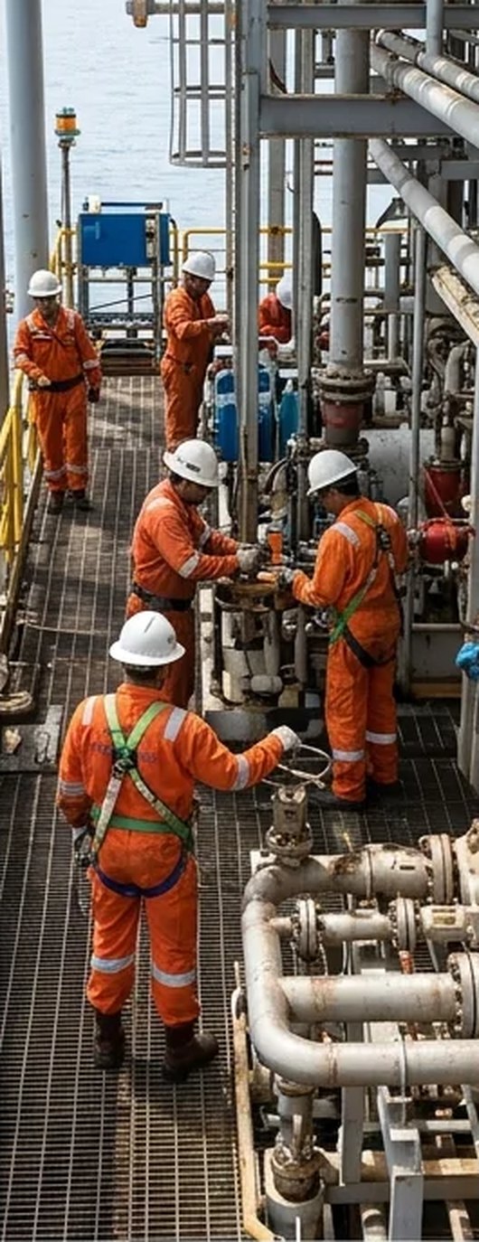 Oil and gas workers in orange coveralls on an offshore platform