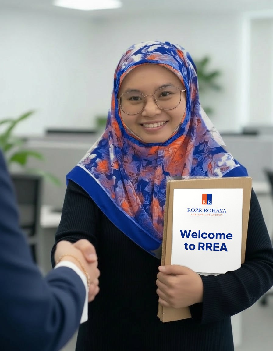 An RREA consultant in a navy-and-orange headscarf shaking hands with a new client, holding a Welcome to RREA folder